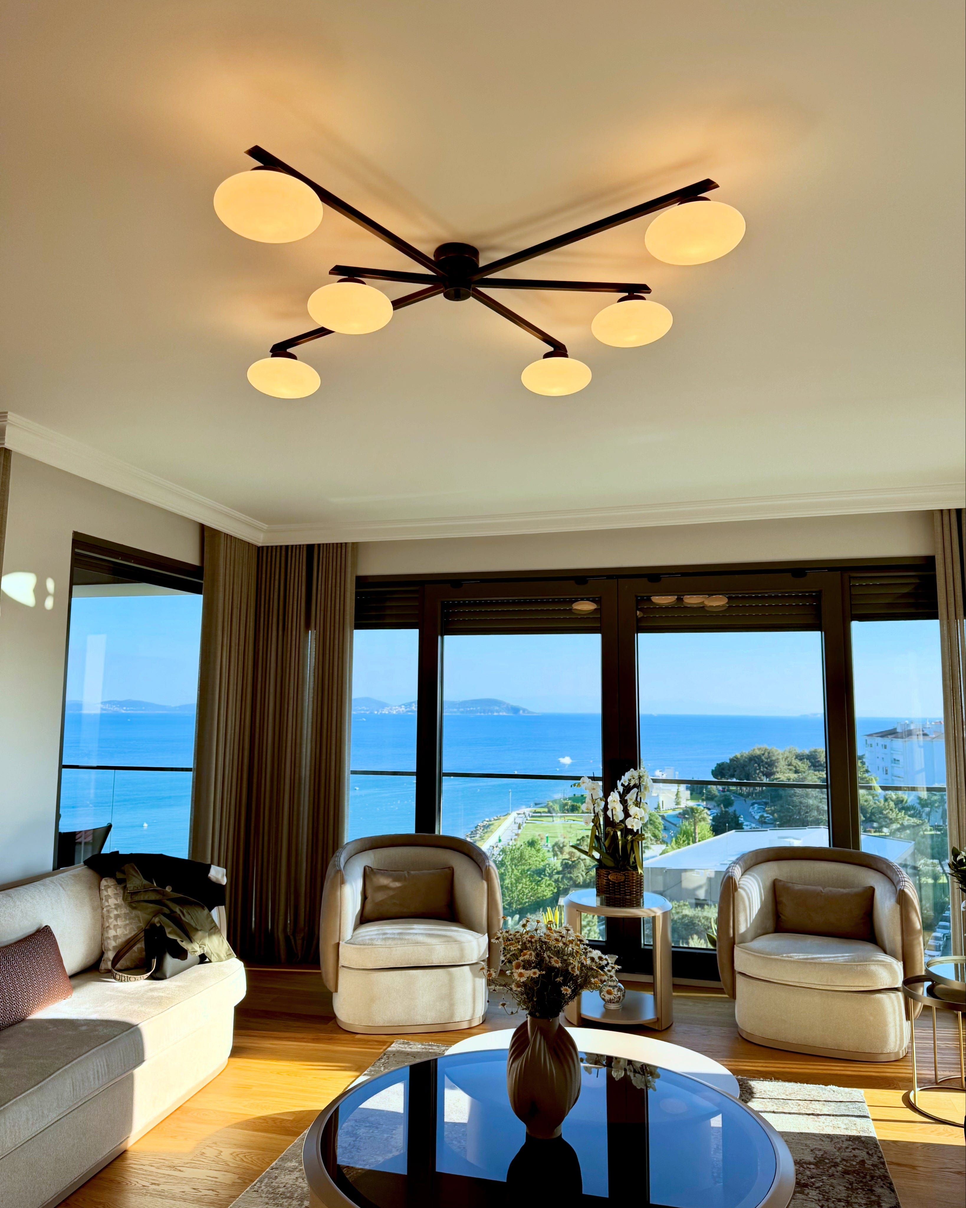 Arel Lighting Antique Brass / 6*Elypse Asymetrical GEBET 6 Arm Large Semi Flush Mount Lighting