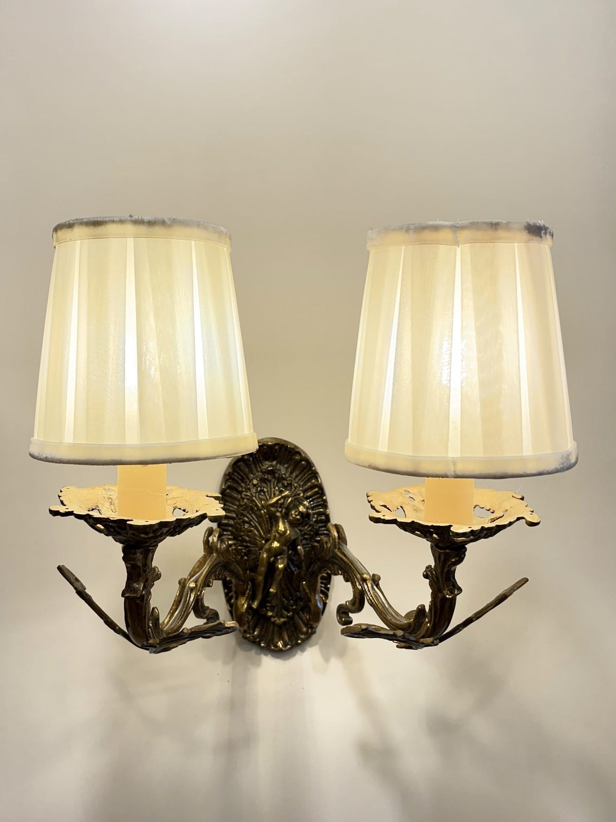 Arel Lighting Wall Sconce KOTELVA Traditional Brass Double Wall Sconce with Fabric Shades