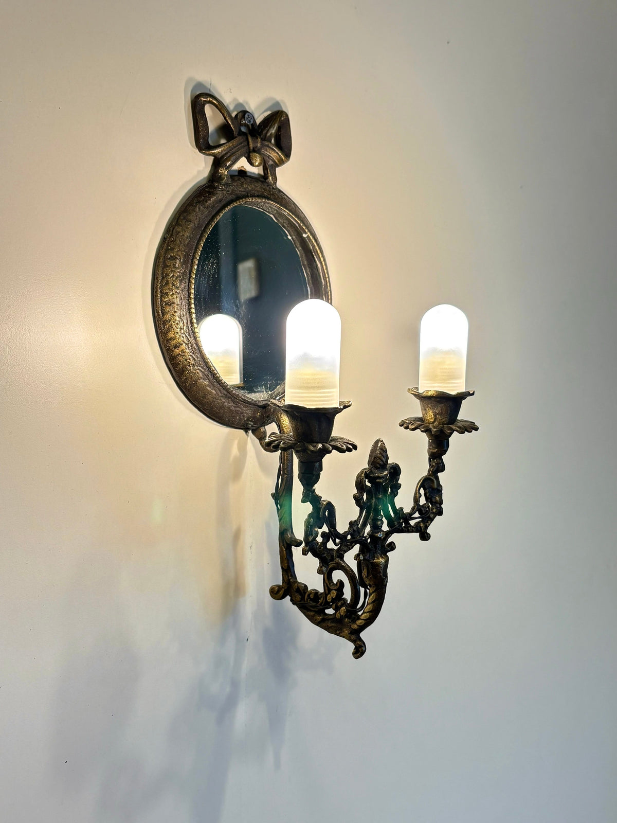 Arel Lighting Wall Sconce PROMONAD Traditional Brass Mirror Wall Sconce with Bow – Two Light Candle Sconce