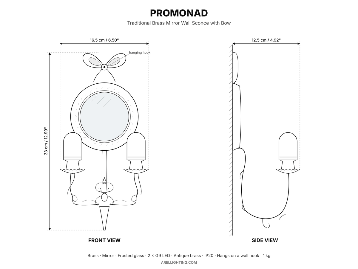 Arel Lighting Wall Sconce PROMONAD Traditional Brass Mirror Wall Sconce with Bow – Two Light Candle Sconce