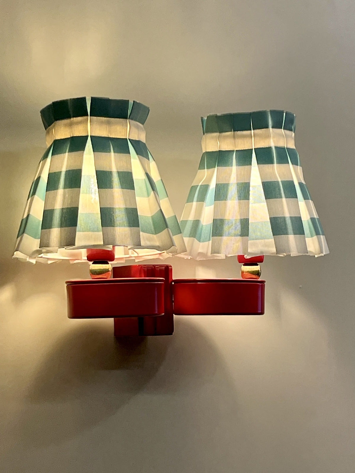Arel Lighting Wall Sconce SEBAS Double Wall Sconce – Red Lacquered Metal with Pleated Striped Fabric Shades, Two Light Wall Light