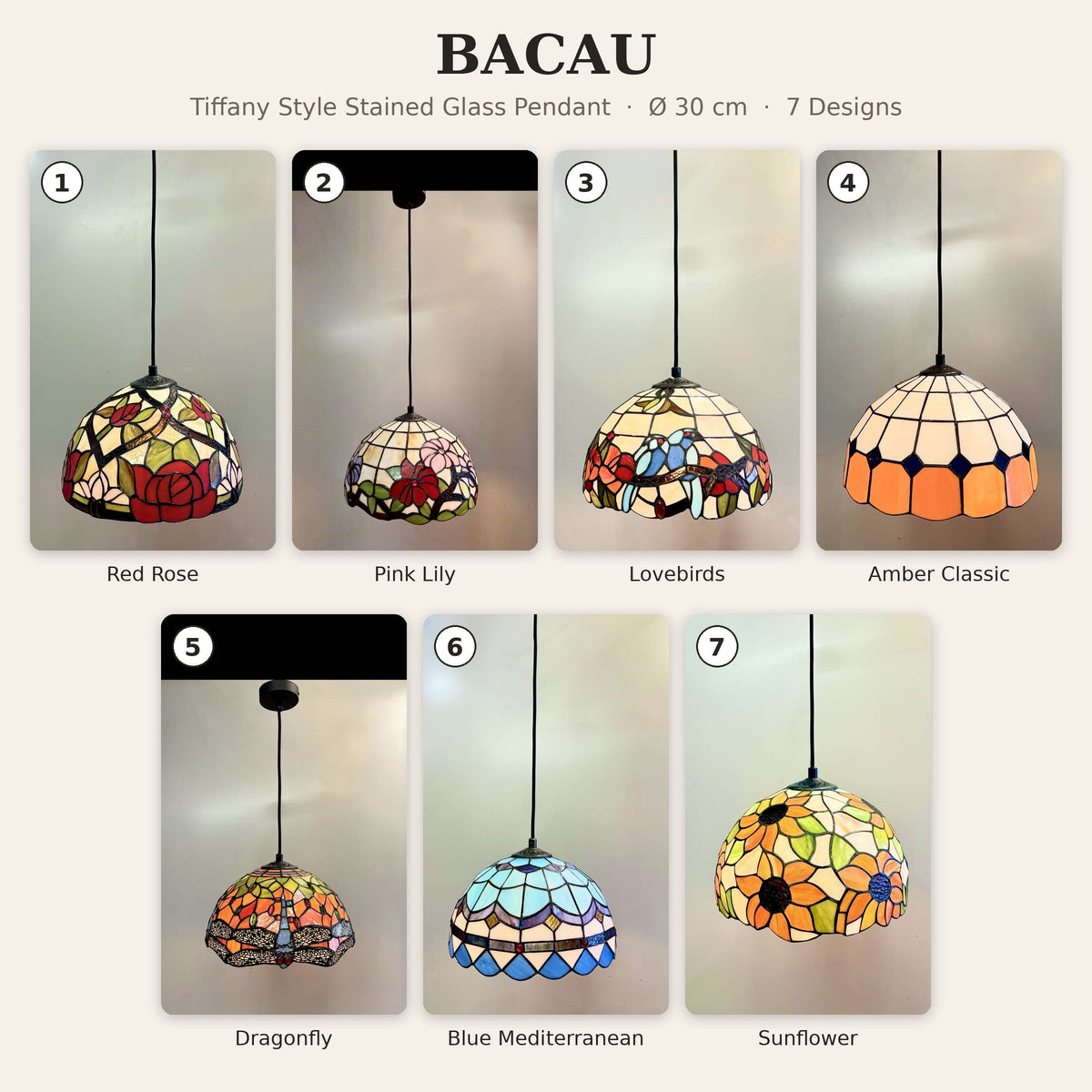 Arel Lighting lighting BACAU Tiffany Style Stained Glass Pendant Light – 30 cm