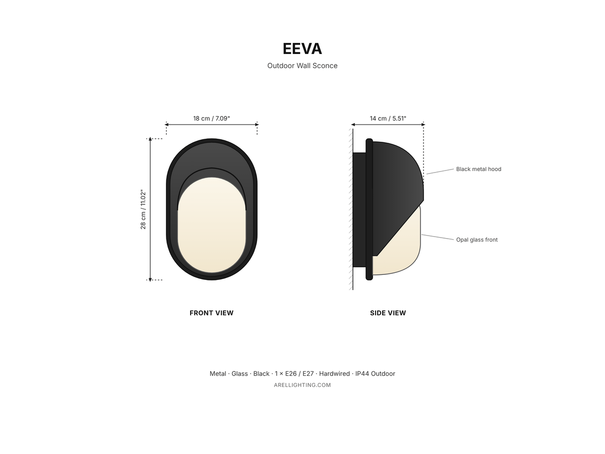 Arel Lighting Outdoor Wall Light EEVA Outdoor Wall Sconce – Black Metal Hood with Opal Glass, IP44 Exterior Wall Light