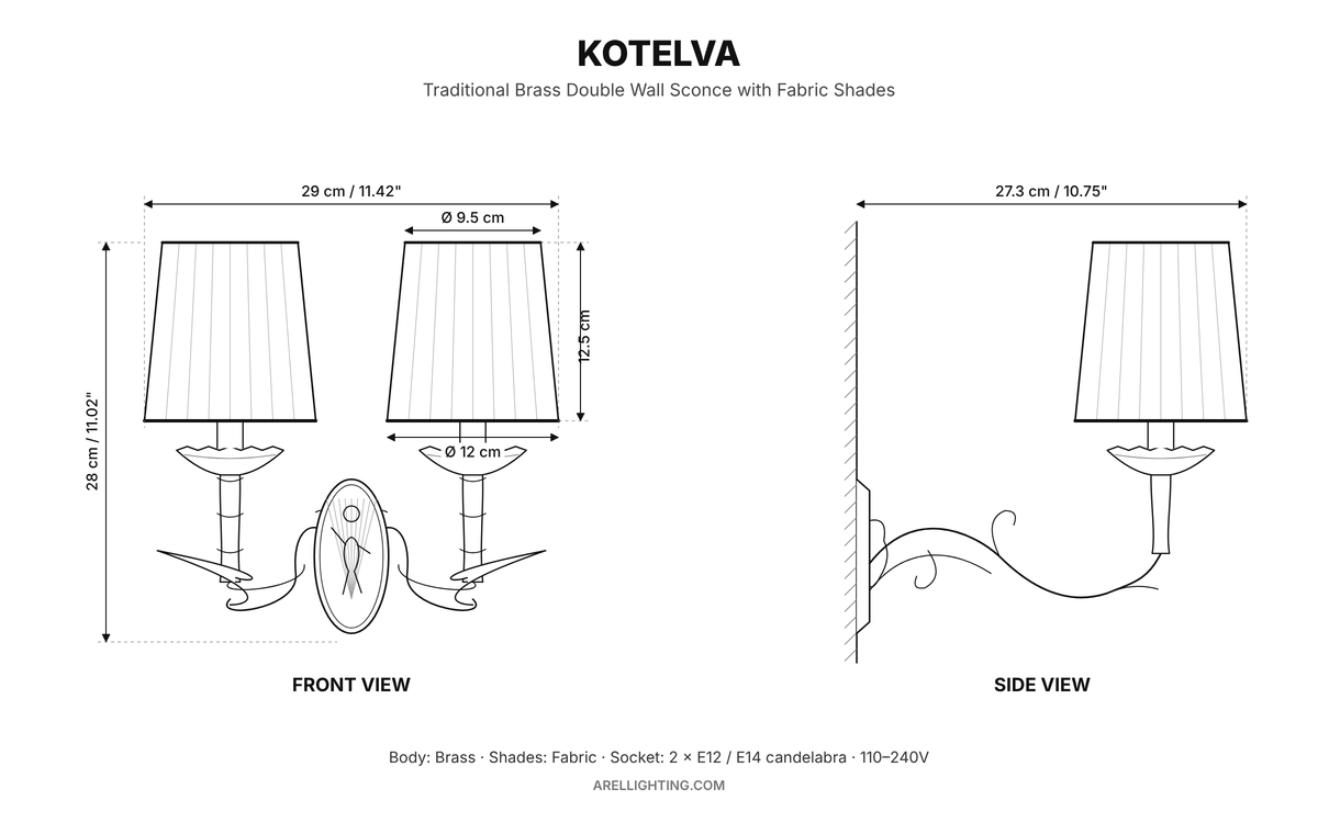 Arel Lighting Wall Sconce KOTELVA Traditional Brass Double Wall Sconce with Fabric Shades