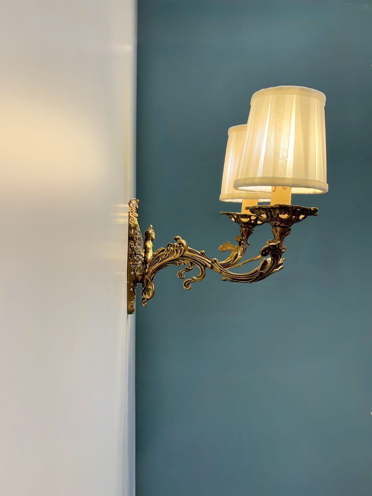 Arel Lighting Wall Sconce KOTELVA Traditional Brass Double Wall Sconce with Fabric Shades