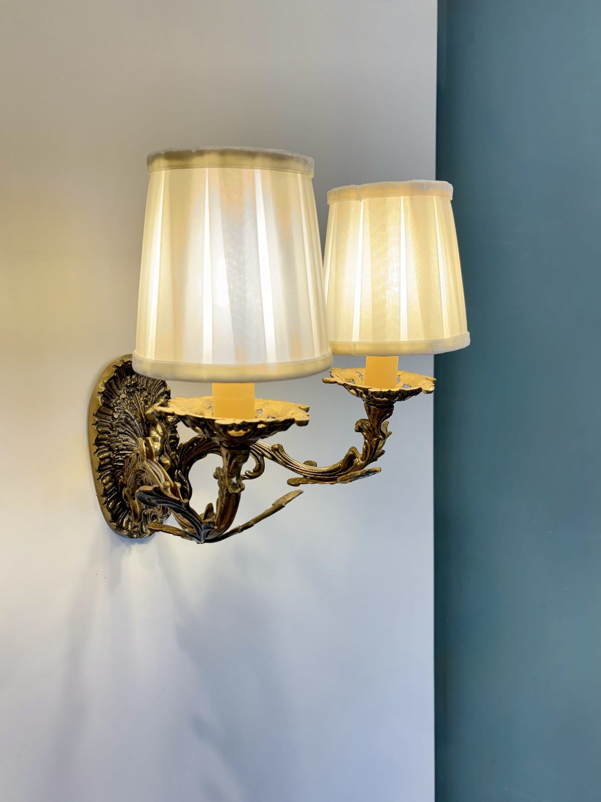 Arel Lighting Wall Sconce KOTELVA Traditional Brass Double Wall Sconce with Fabric Shades