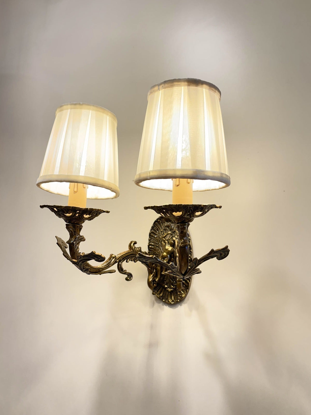 Arel Lighting Wall Sconce KOTELVA Traditional Brass Double Wall Sconce with Fabric Shades