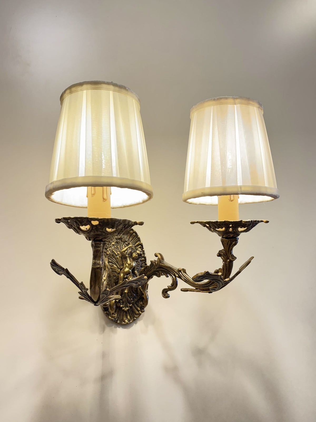 Arel Lighting Wall Sconce KOTELVA Traditional Brass Double Wall Sconce with Fabric Shades