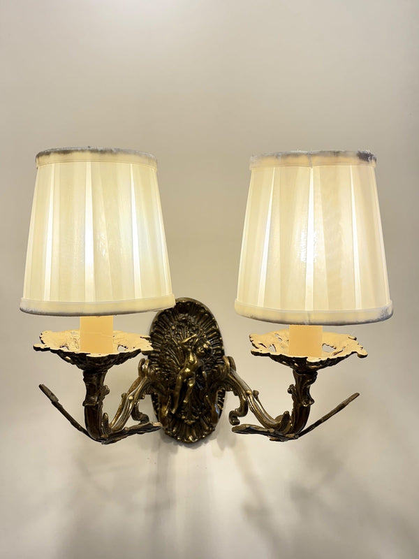 Arel Lighting Wall Sconce KOTELVA Traditional Brass Double Wall Sconce with Fabric Shades