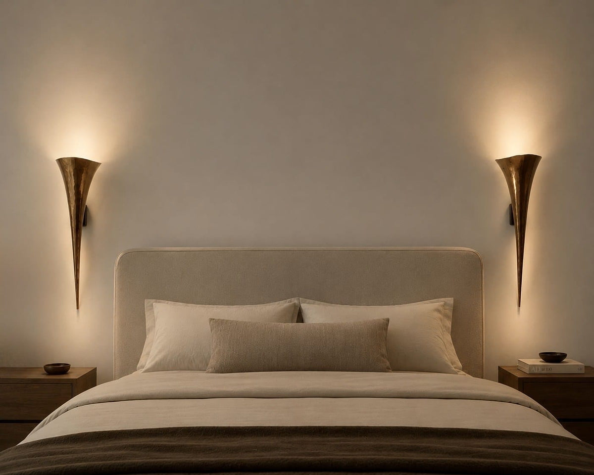Arel Lighting Wall Sconce Pair – Identical KIEK Sculptural Hand-Hammered Brass Wall Sconce – Calla Lily Torch Uplight