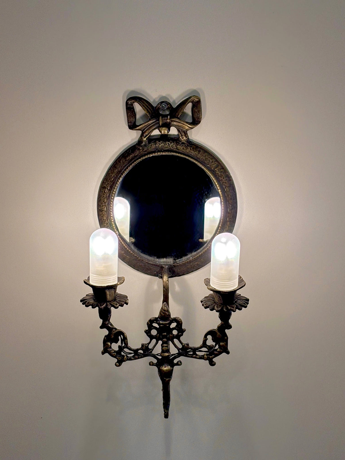 Arel Lighting Wall Sconce PROMONAD Traditional Brass Mirror Wall Sconce with Bow – Two Light Candle Sconce