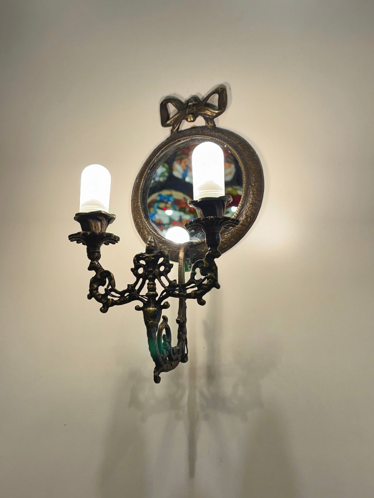 Arel Lighting Wall Sconce PROMONAD Traditional Brass Mirror Wall Sconce with Bow – Two Light Candle Sconce