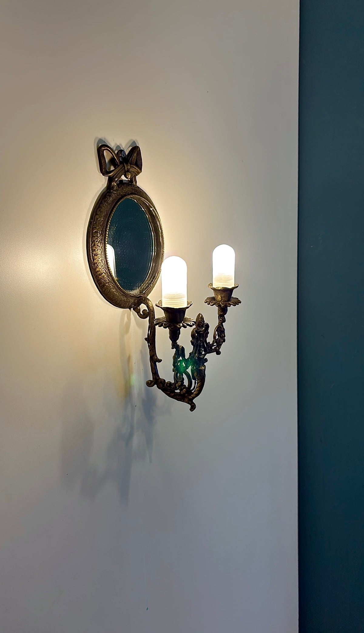 Arel Lighting Wall Sconce PROMONAD Traditional Brass Mirror Wall Sconce with Bow – Two Light Candle Sconce