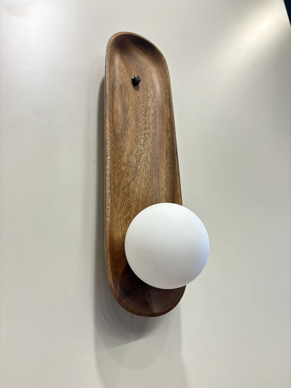 Arel Lighting Wall Sconce PUCELA Solid Wood Wall Sconce – Carved Wooden Wall Light with Opal Glass Globe