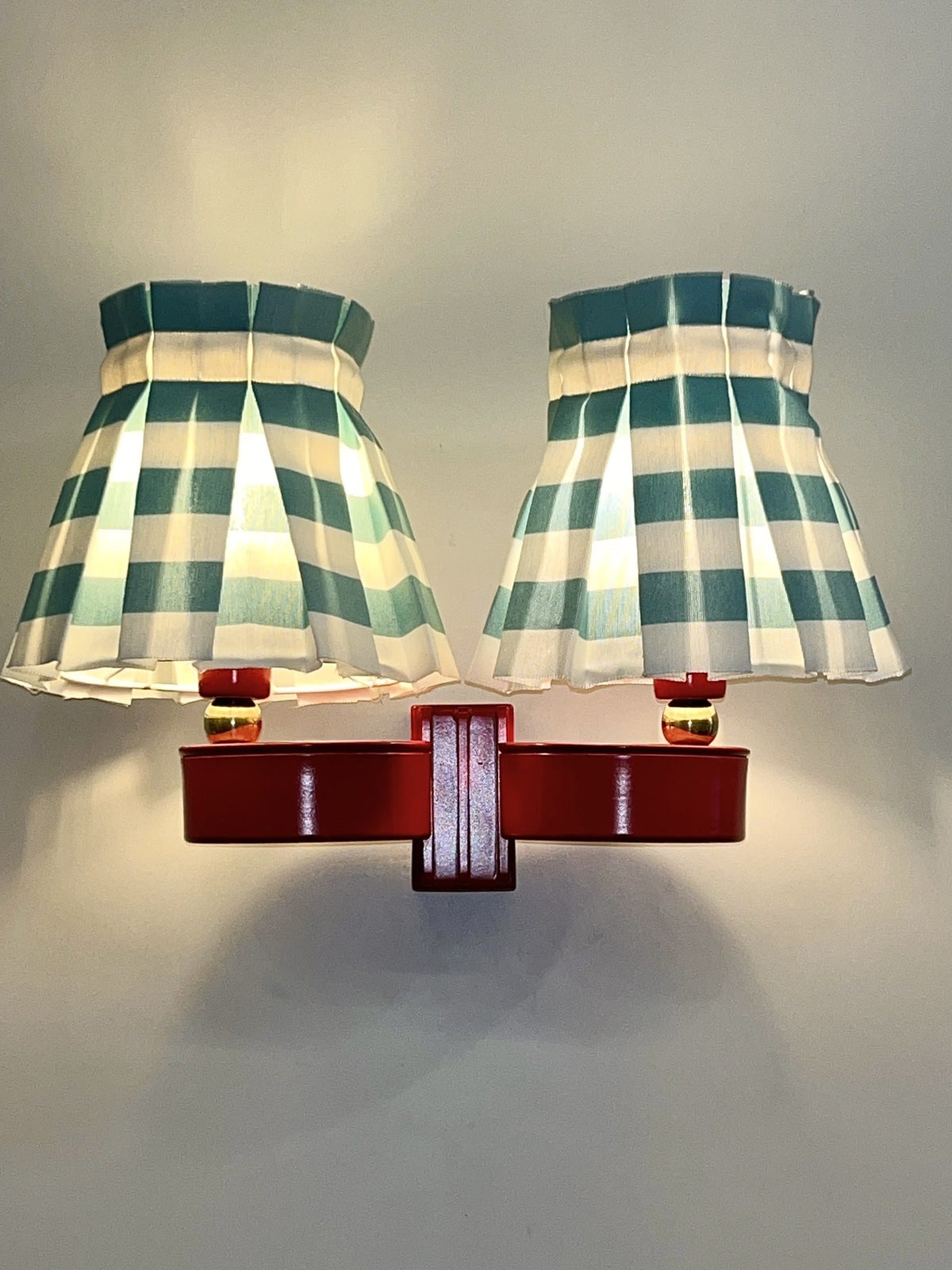 Arel Lighting Wall Sconce SEBAS Double Wall Sconce – Red Lacquered Metal with Pleated Striped Fabric Shades, Two Light Wall Light