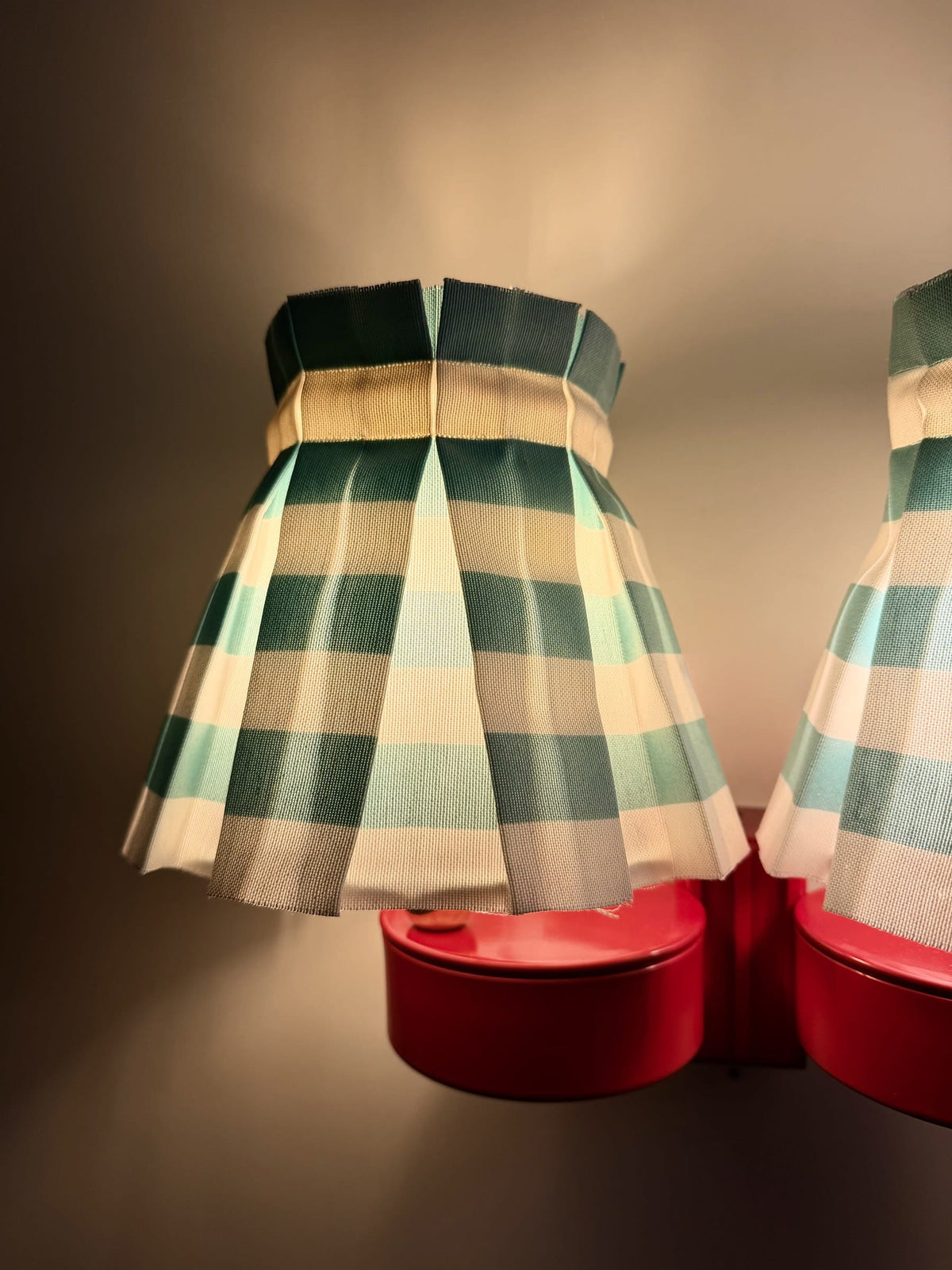 Arel Lighting Wall Sconce SEBAS Double Wall Sconce – Red Lacquered Metal with Pleated Striped Fabric Shades, Two Light Wall Light