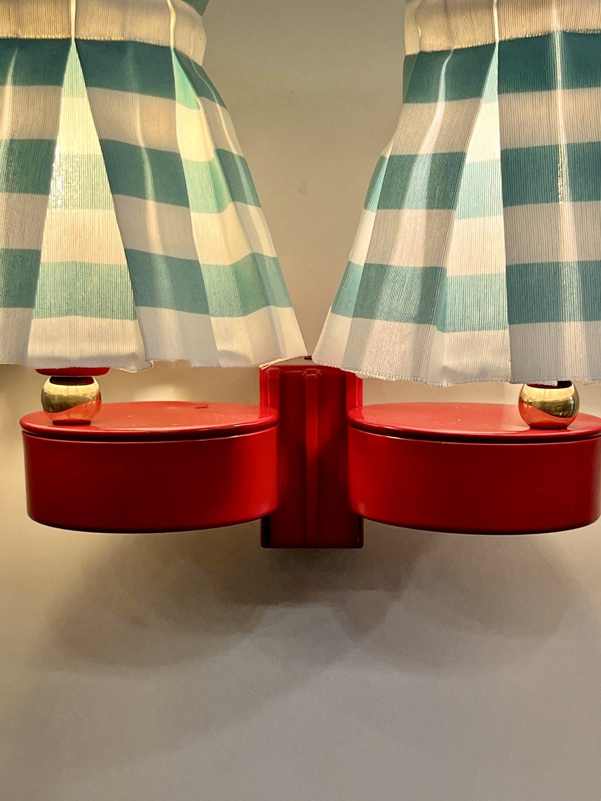 Arel Lighting Wall Sconce SEBAS Double Wall Sconce – Red Lacquered Metal with Pleated Striped Fabric Shades, Two Light Wall Light