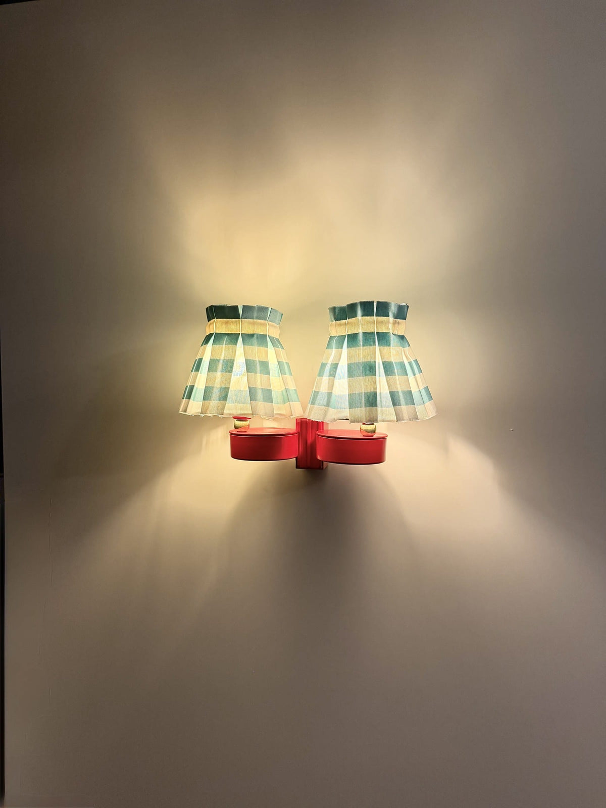 Arel Lighting Wall Sconce SEBAS Double Wall Sconce – Red Lacquered Metal with Pleated Striped Fabric Shades, Two Light Wall Light