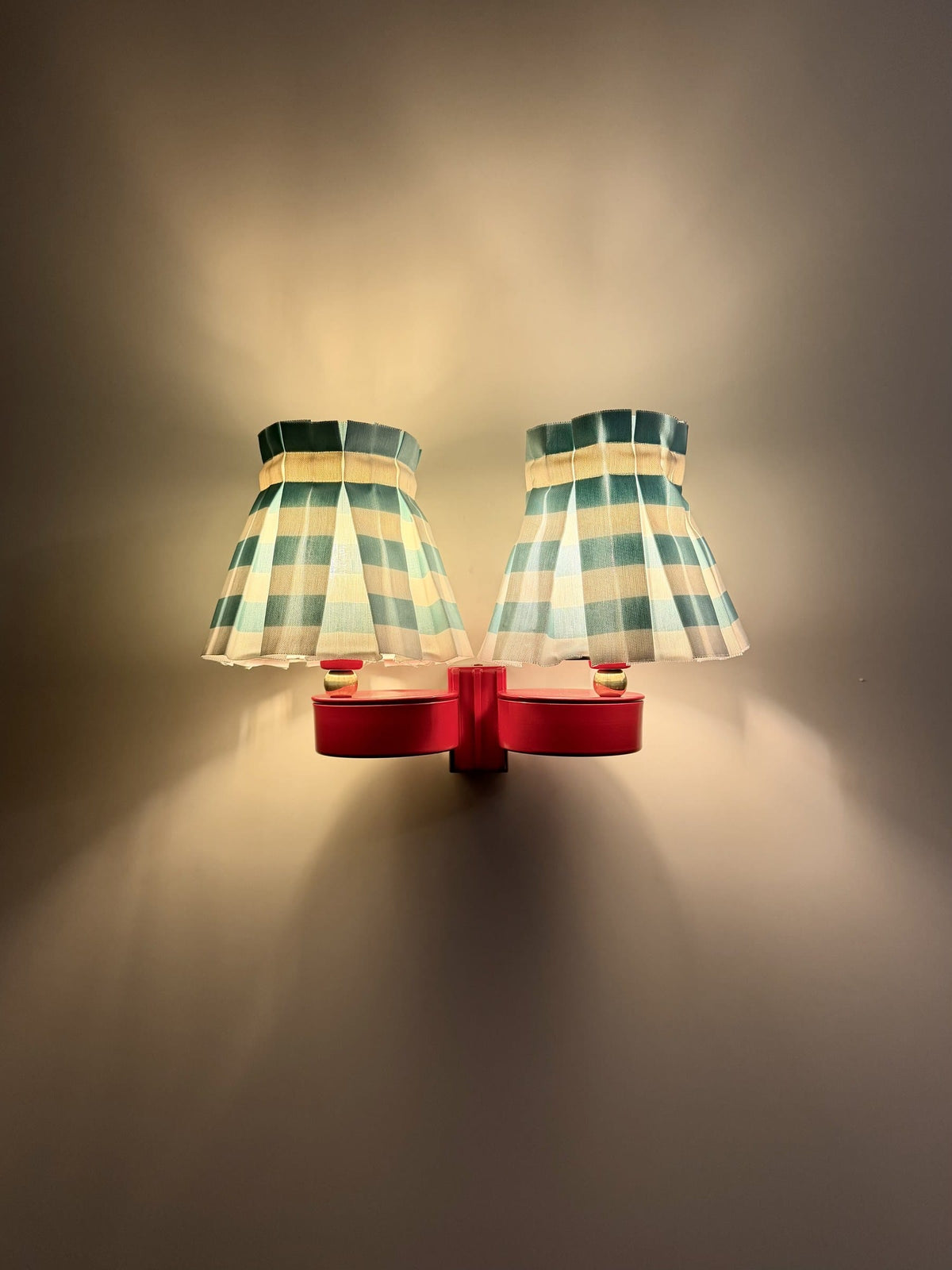 Arel Lighting Wall Sconce SEBAS Double Wall Sconce – Red Lacquered Metal with Pleated Striped Fabric Shades, Two Light Wall Light