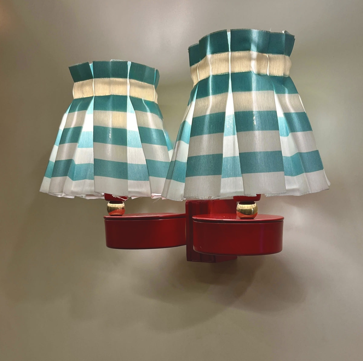 Arel Lighting Wall Sconce SEBAS Double Wall Sconce – Red Lacquered Metal with Pleated Striped Fabric Shades, Two Light Wall Light