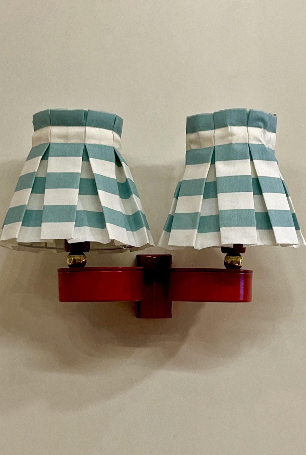Arel Lighting Wall Sconce SEBAS Double Wall Sconce – Red Lacquered Metal with Pleated Striped Fabric Shades, Two Light Wall Light
